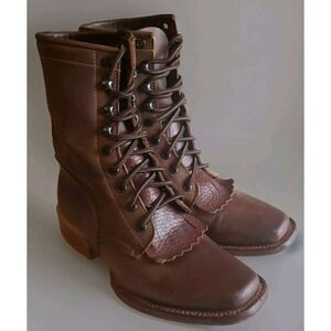 Reyme Brown Leather Kiltie High Lace Cowgirl Boots Women  Sz 5.5 / Sz 22 1/2 Mex